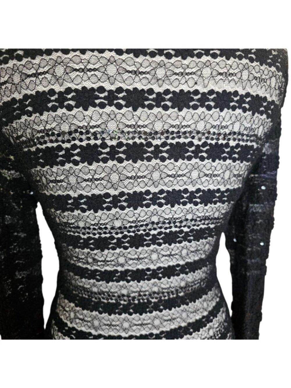 Y2K Black Sheer Mesh Lace Top Shirt Sz M Longsleeve Sequins Goth VTG - Picture 8 of 9
